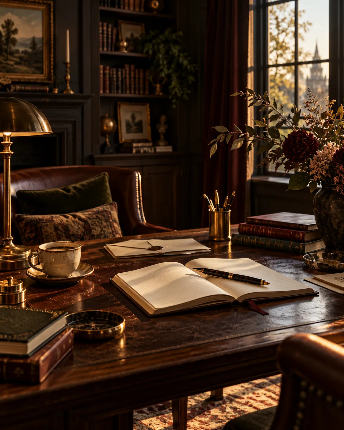 Sunlit library desk with ledgers, books, a brass lamp, and a quill