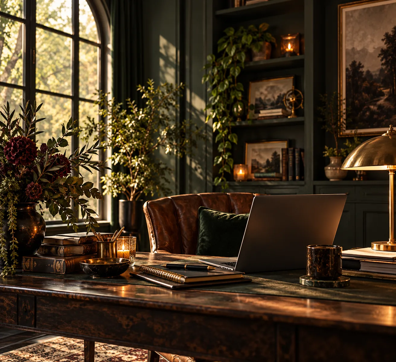 Sunlit bookkeeping workspace with open ledger, laptop, coffee and a green plant